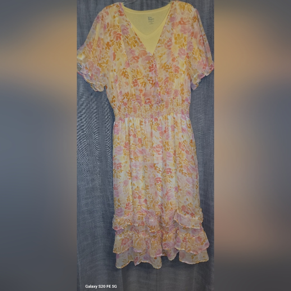 CURE DRESS 2XL Floral Midi Dress in Pink and Yellow